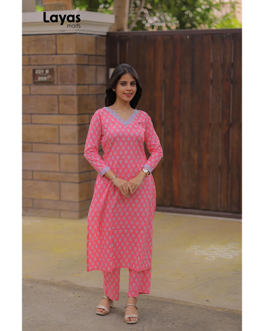 Pink Cotton Printed Kurta Set with Grey Motifs