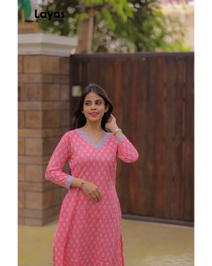 Pink Cotton Printed Kurta Set with Grey Motifs