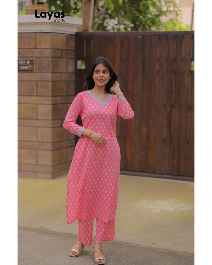 Pink Cotton Printed Kurta Set with Grey Motifs