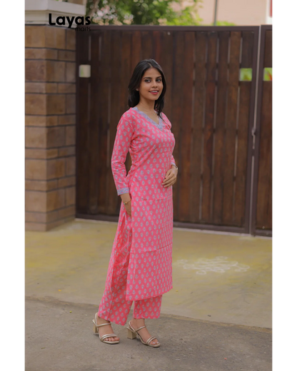 Pink Cotton Printed Kurta Set with Grey Motifs