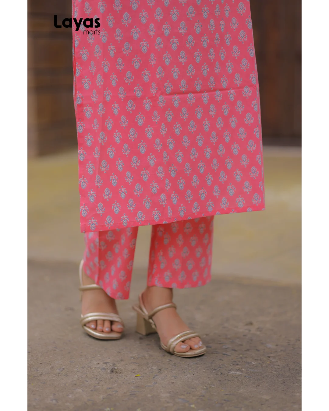 Pink Cotton Printed Kurta Set with Grey Motifs