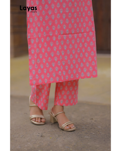 Pink Cotton Printed Kurta Set with Grey Motifs