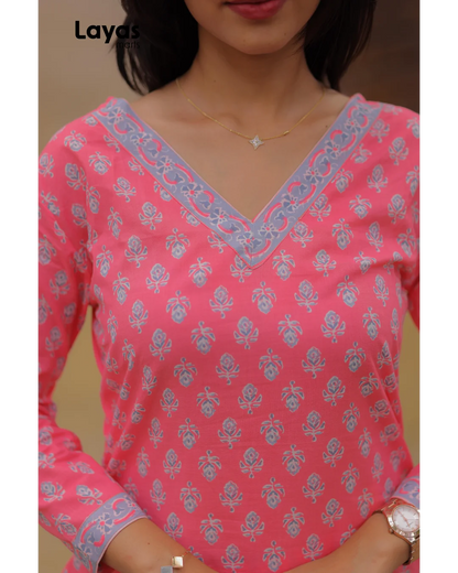 Pink Cotton Printed Kurta Set with Grey Motifs