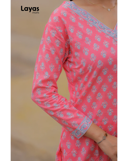 Pink Cotton Printed Kurta Set with Grey Motifs