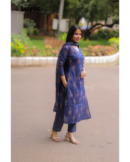 Indigo Blue Cotton Ethnic Motifs Kurta Set with Dupatta