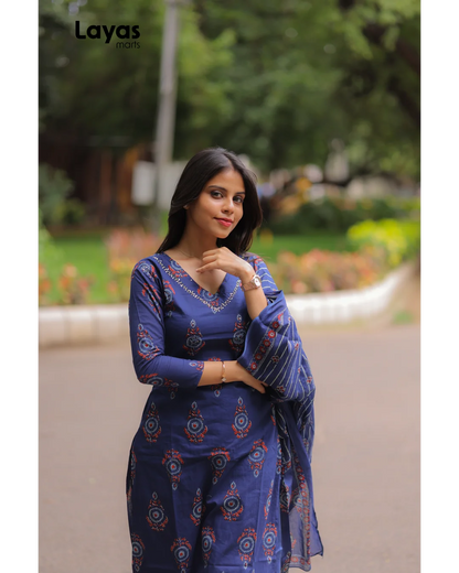 Indigo Blue Cotton Ethnic Motifs Kurta Set with Dupatta
