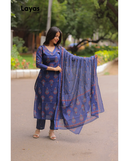 Indigo Blue Cotton Ethnic Motifs Kurta Set with Dupatta