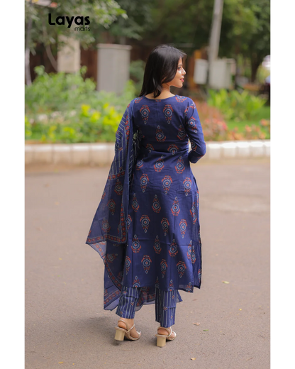 Indigo Blue Cotton Ethnic Motifs Kurta Set with Dupatta