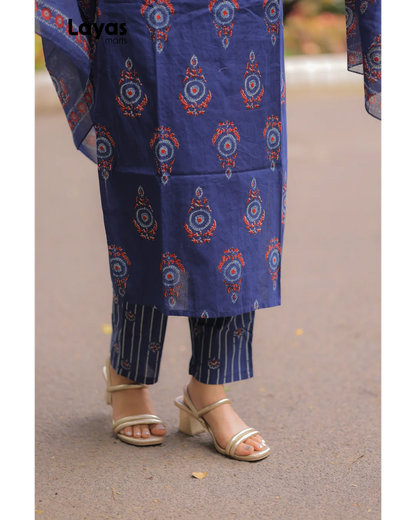 Indigo Blue Cotton Ethnic Motifs Kurta Set with Dupatta