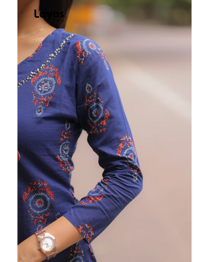 Indigo Blue Cotton Ethnic Motifs Kurta Set with Dupatta