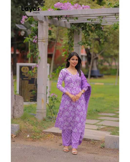 Iris Purple Cotton Printed Kurta Set with Dupatta