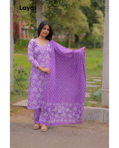 Iris Purple Cotton Printed Kurta Set with Dupatta