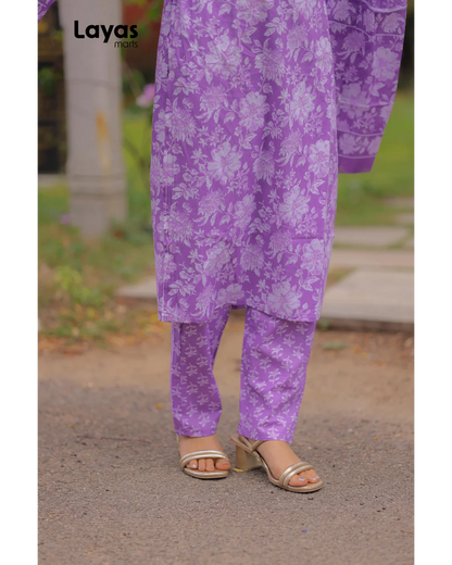 Iris Purple Cotton Printed Kurta Set with Dupatta