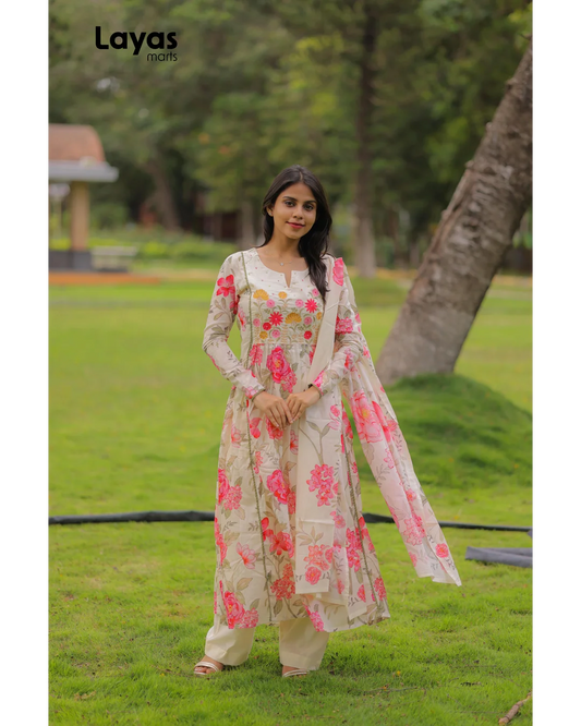 Off White Floral Cotton Kurta Set with Dupatta