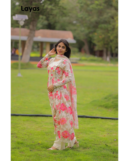 Off White Floral Cotton Kurta Set with Dupatta