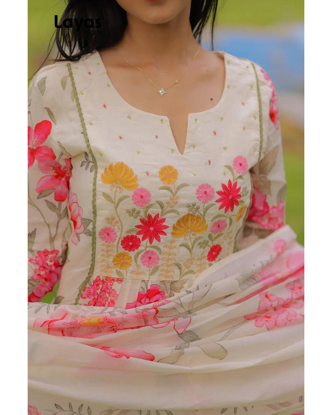 Off White Floral Cotton Kurta Set with Dupatta