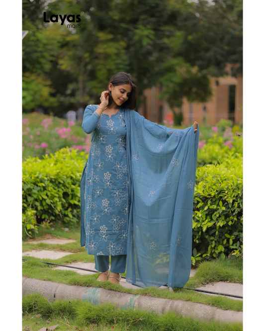 Greyish Blue Cotton Embroidered Kurta Set with Dupatta
