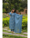 Greyish Blue Cotton Embroidered Kurta Set with Dupatta