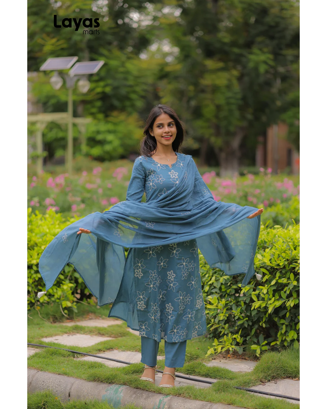 Greyish Blue Cotton Embroidered Kurta Set with Dupatta