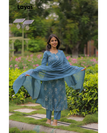 Greyish Blue Cotton Embroidered Kurta Set with Dupatta