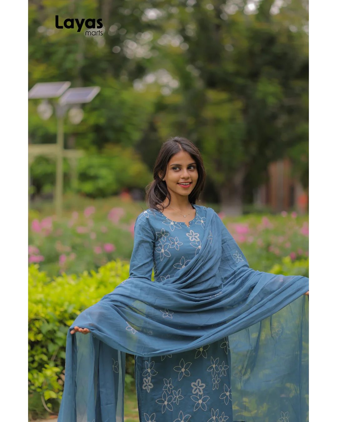 Greyish Blue Cotton Embroidered Kurta Set with Dupatta