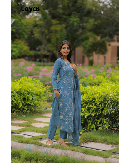 Greyish Blue Cotton Embroidered Kurta Set with Dupatta