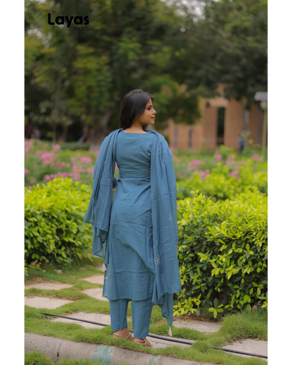 Greyish Blue Cotton Embroidered Kurta Set with Dupatta