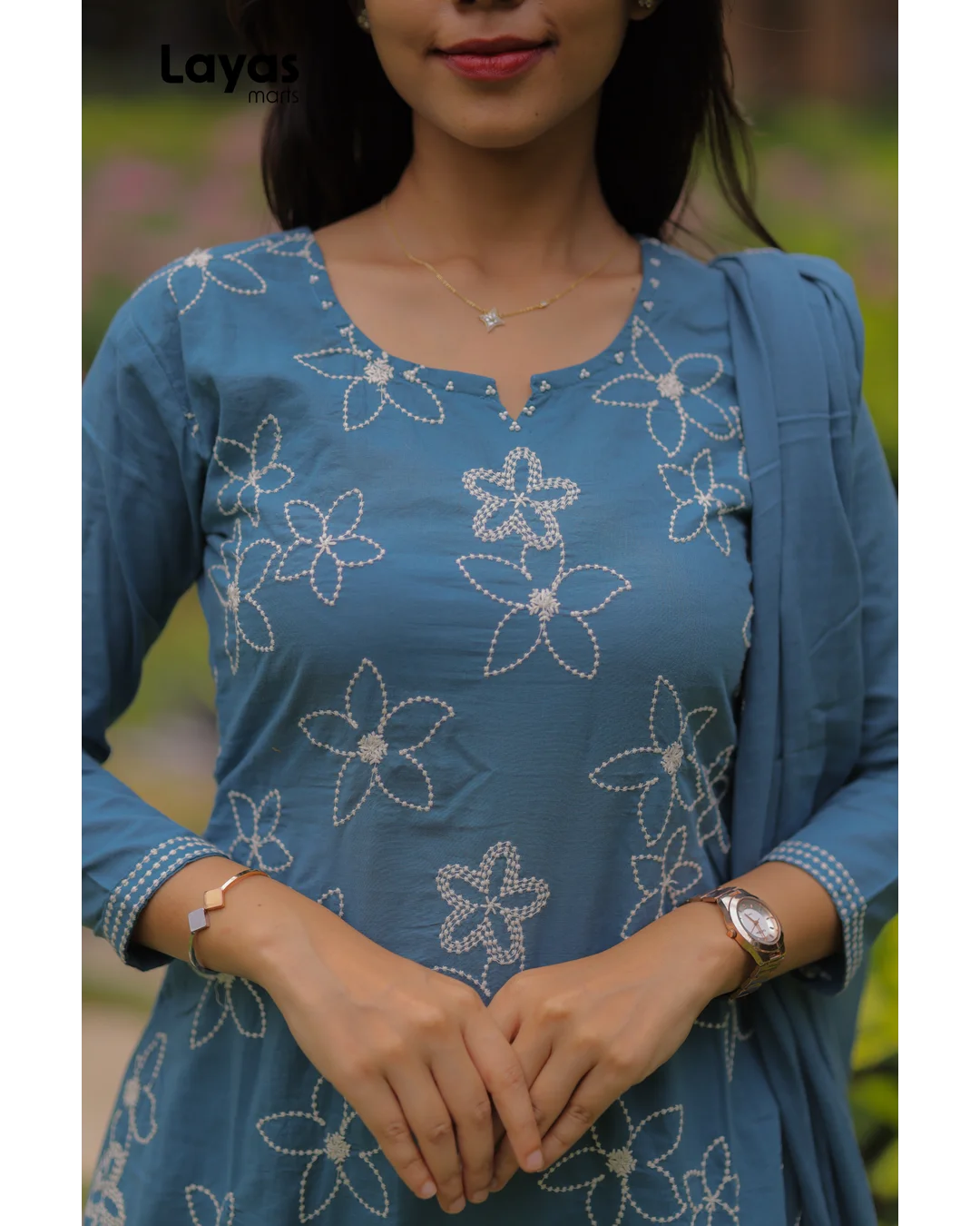 Greyish Blue Cotton Embroidered Kurta Set with Dupatta