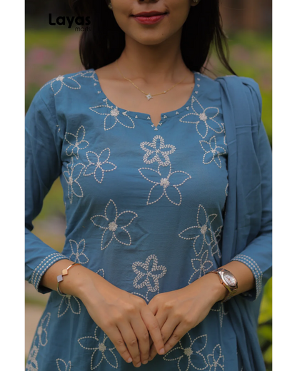Greyish Blue Cotton Embroidered Kurta Set with Dupatta