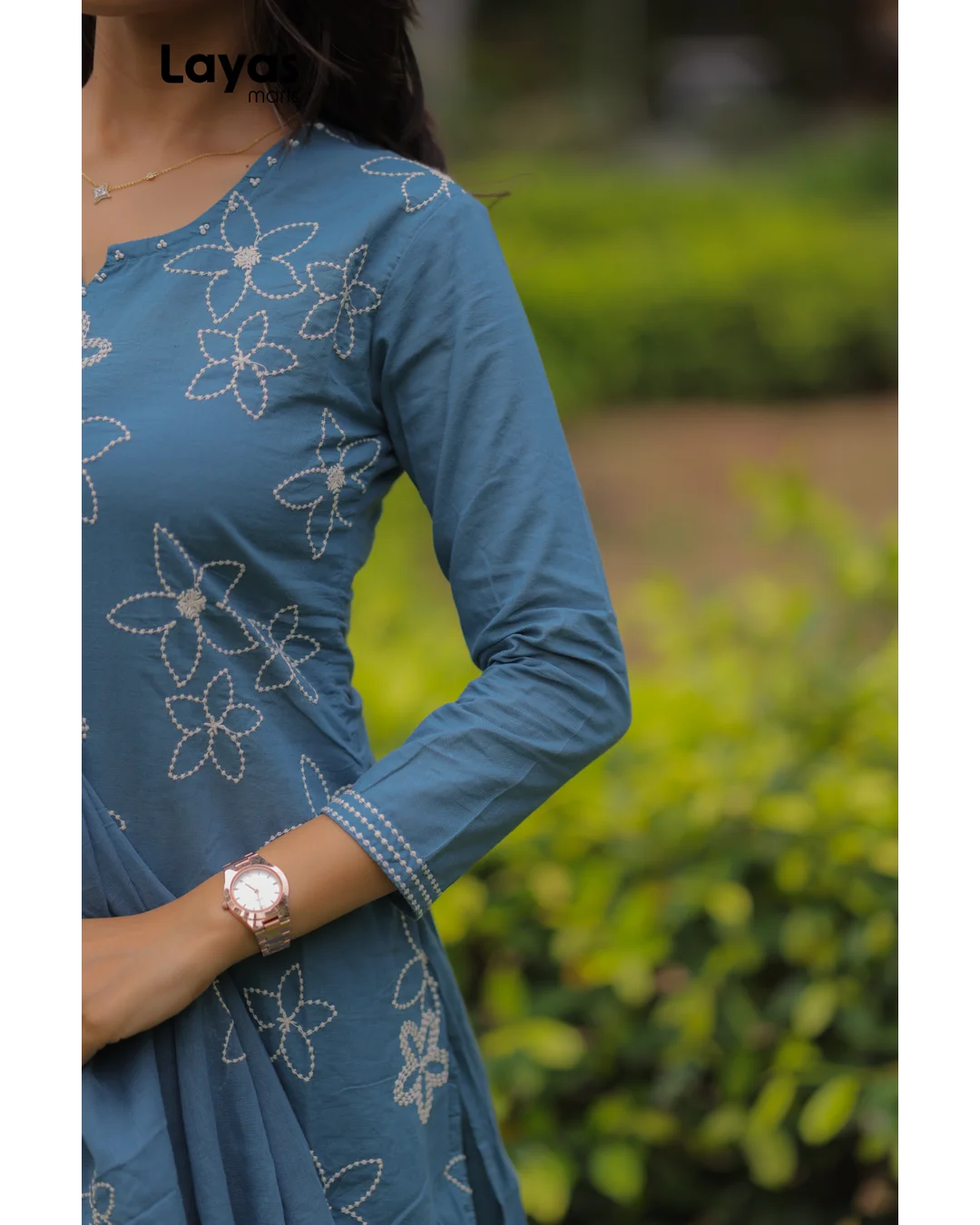 Greyish Blue Cotton Embroidered Kurta Set with Dupatta