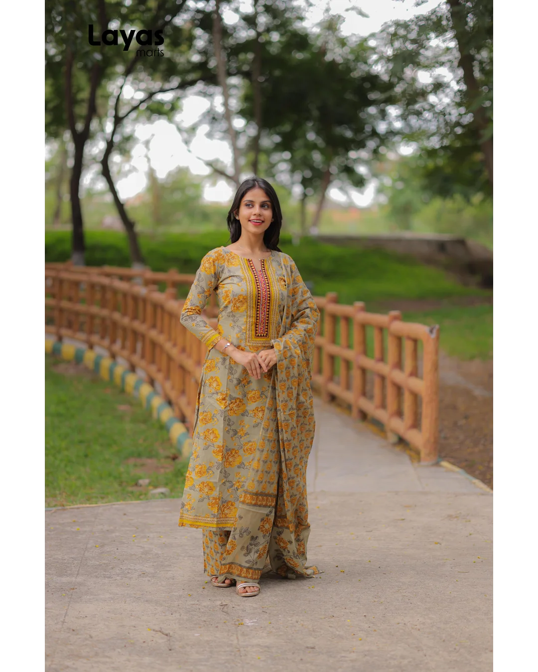 Mustard Grey Cotton Printed Kurta Set with Dupatta