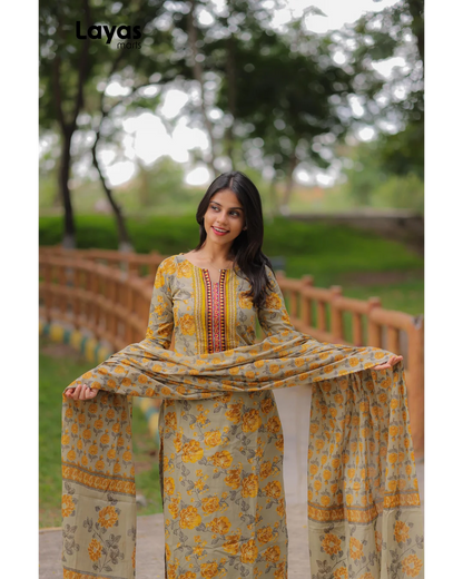 Mustard Grey Cotton Printed Kurta Set with Dupatta