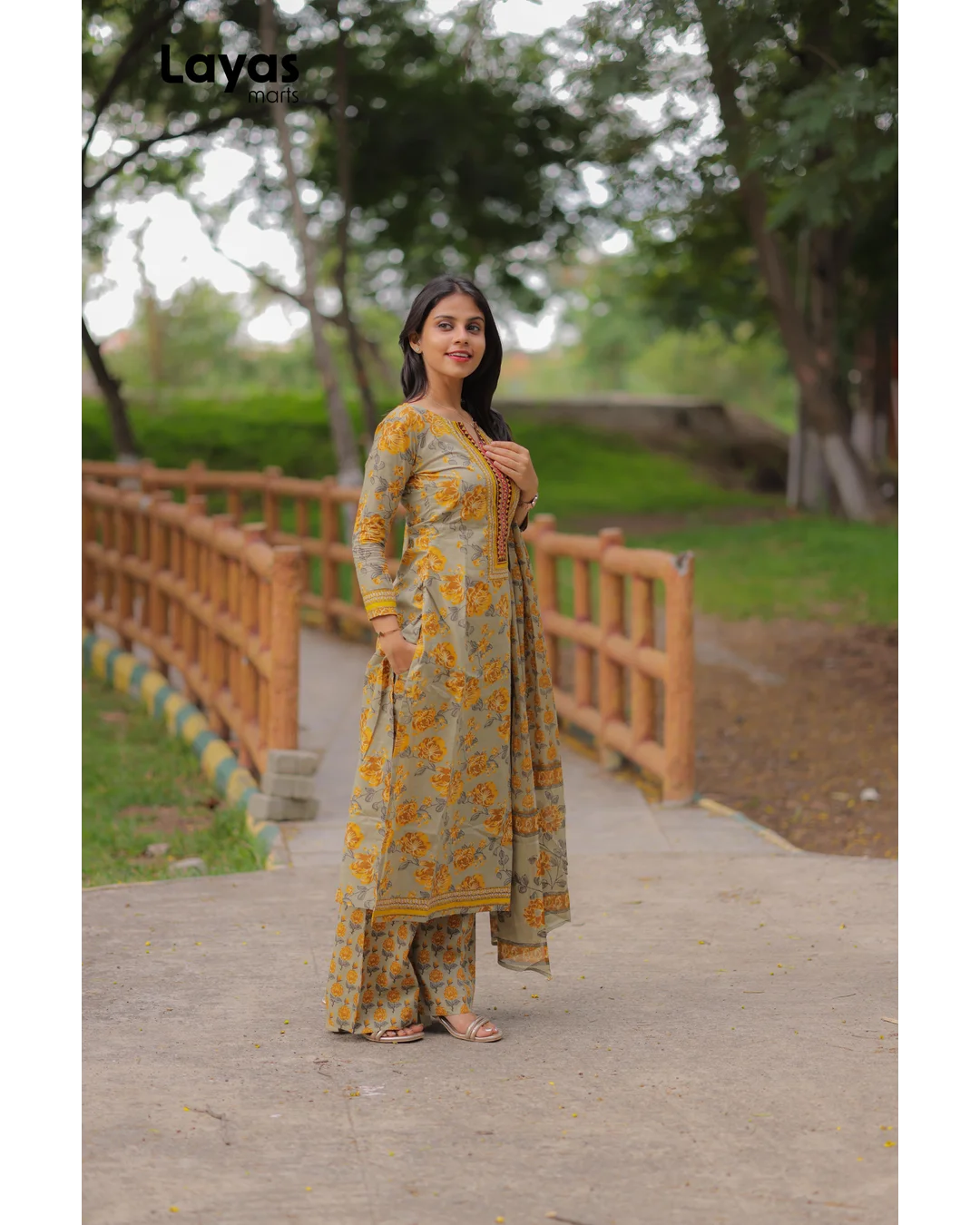 Mustard Grey Cotton Printed Kurta Set with Dupatta