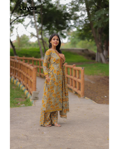 Mustard Grey Cotton Printed Kurta Set with Dupatta