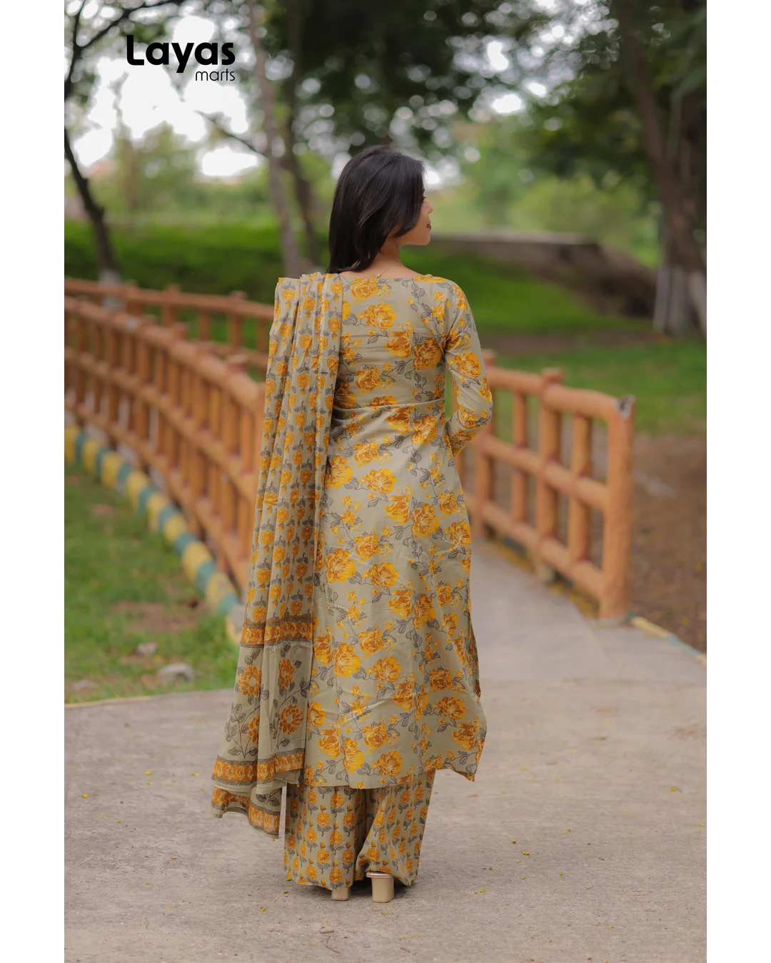 Mustard Grey Cotton Printed Kurta Set with Dupatta