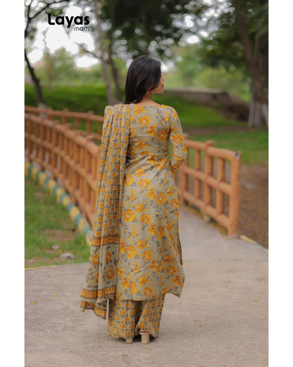 Mustard Grey Cotton Printed Kurta Set with Dupatta