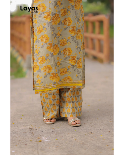 Mustard Grey Cotton Printed Kurta Set with Dupatta