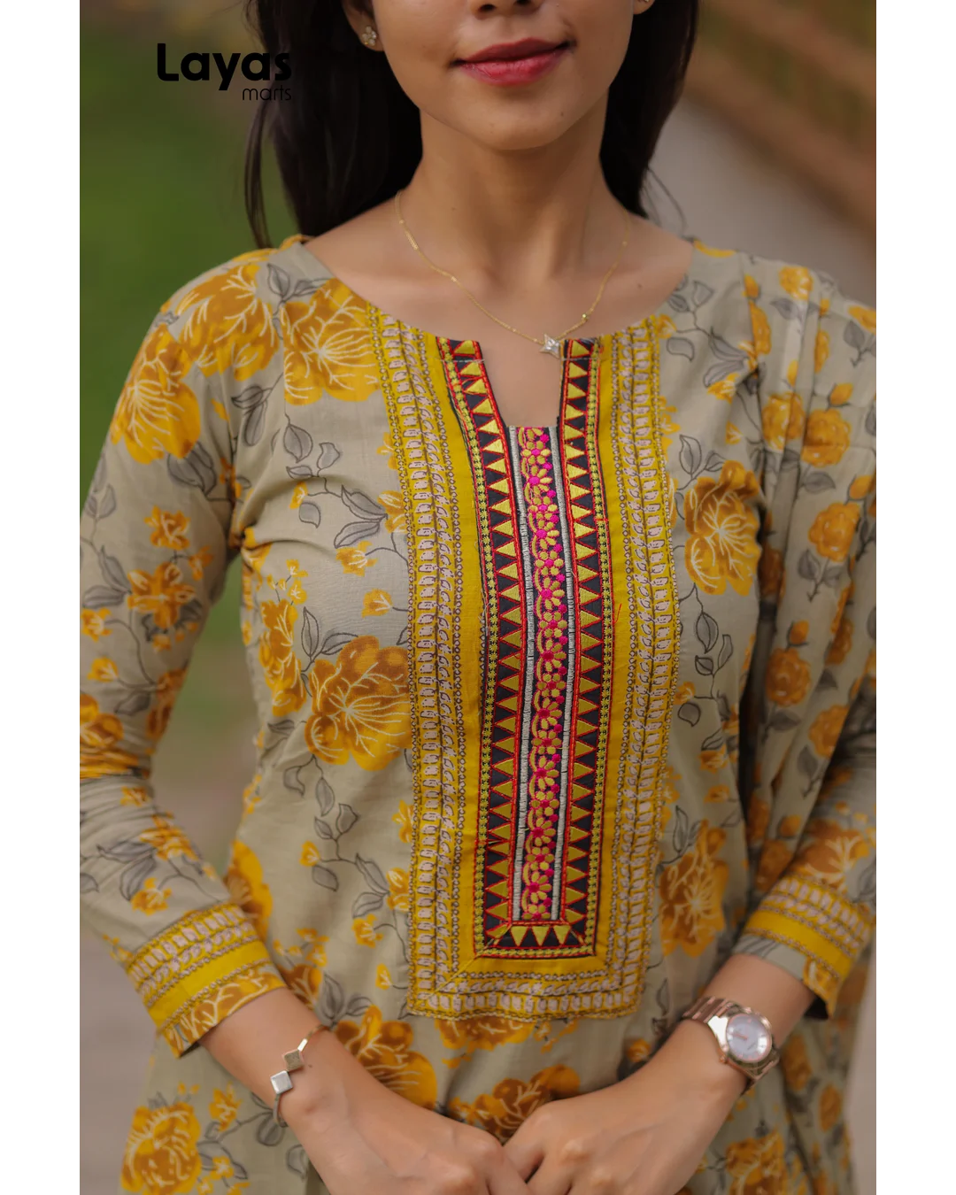 Mustard Grey Cotton Printed Kurta Set with Dupatta