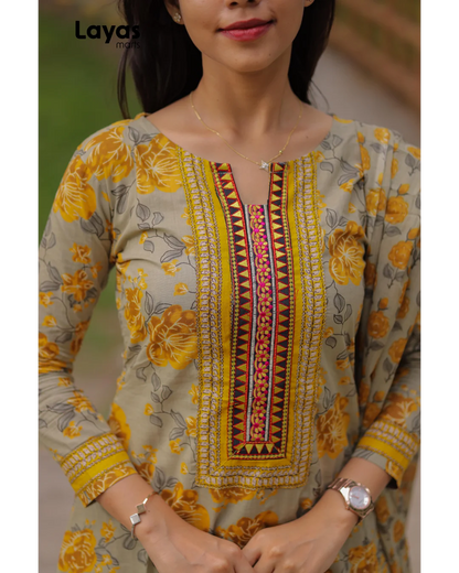 Mustard Grey Cotton Printed Kurta Set with Dupatta