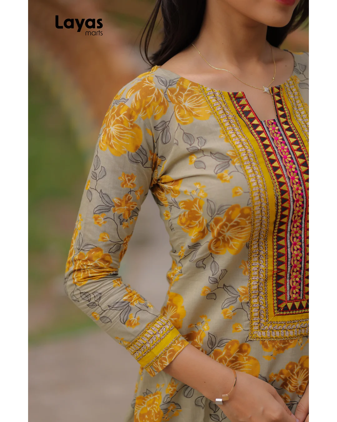 Mustard Grey Cotton Printed Kurta Set with Dupatta
