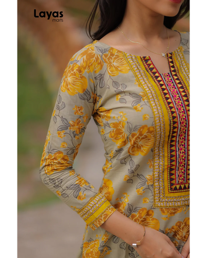 Mustard Grey Cotton Printed Kurta Set with Dupatta