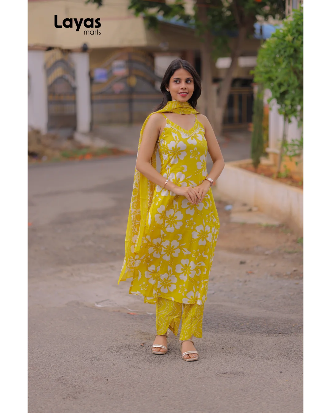Yellow Cotton Floral Printed Sleeveless Kurta Set with Dupatta