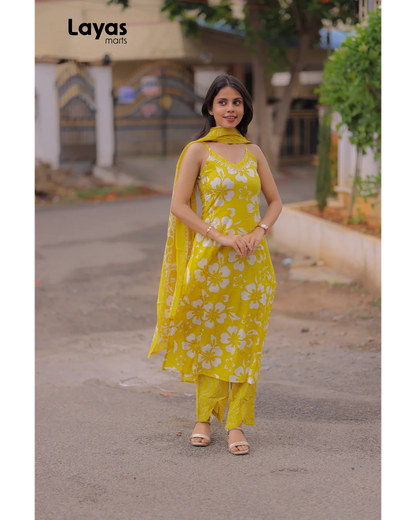 Yellow Cotton Floral Printed Sleeveless Kurta Set with Dupatta