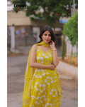 Yellow Cotton Floral Printed Sleeveless Kurta Set with Dupatta