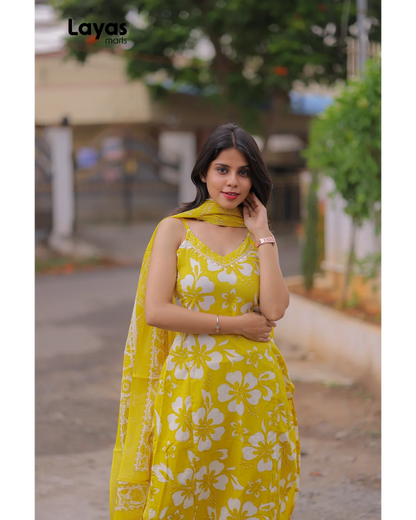 Yellow Cotton Floral Printed Sleeveless Kurta Set with Dupatta