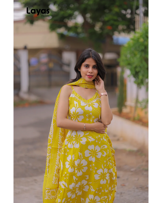 Yellow Cotton Floral Printed Sleeveless Kurta Set with Dupatta