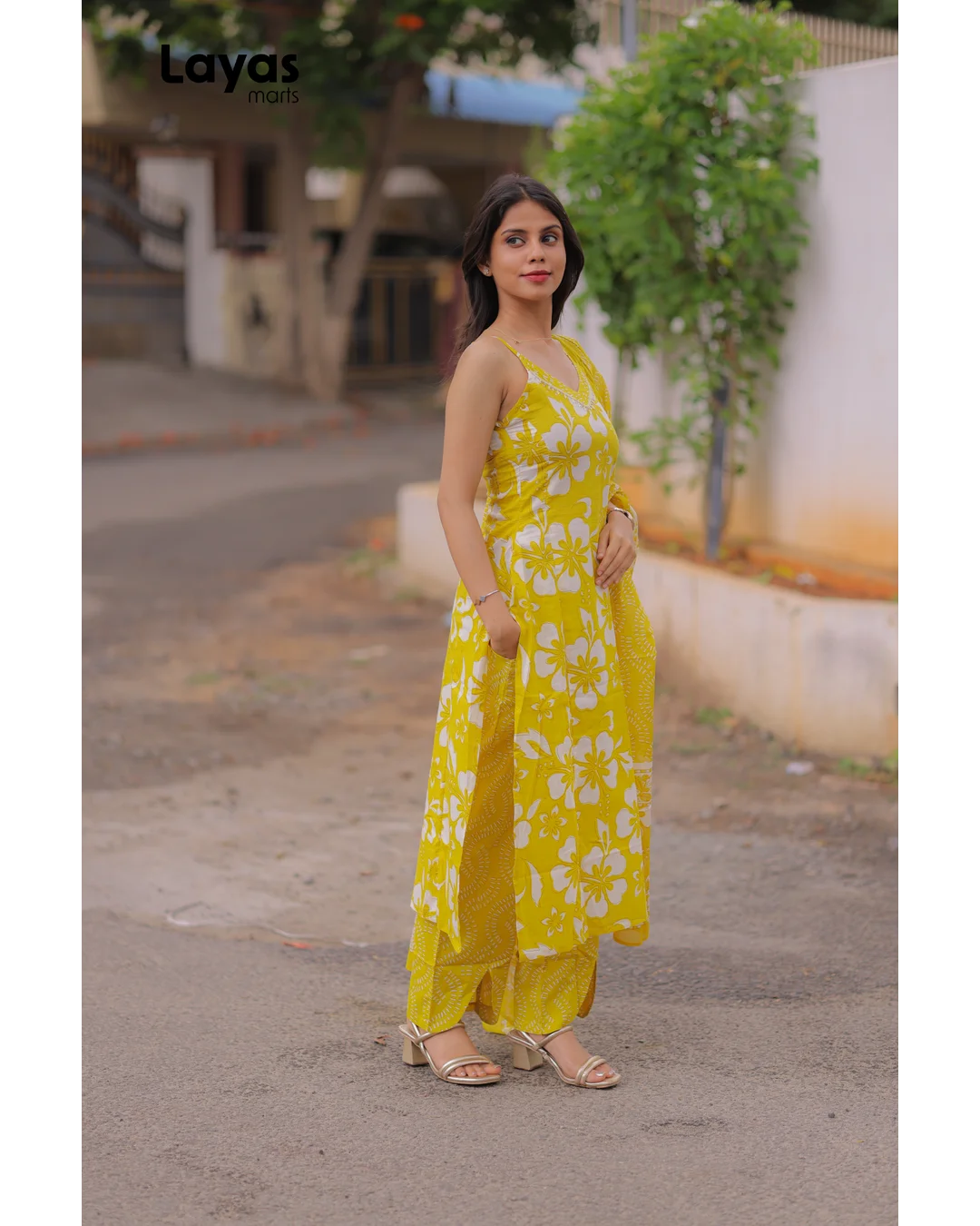 Yellow Cotton Floral Printed Sleeveless Kurta Set with Dupatta