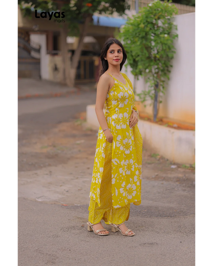 Yellow Cotton Floral Printed Sleeveless Kurta Set with Dupatta