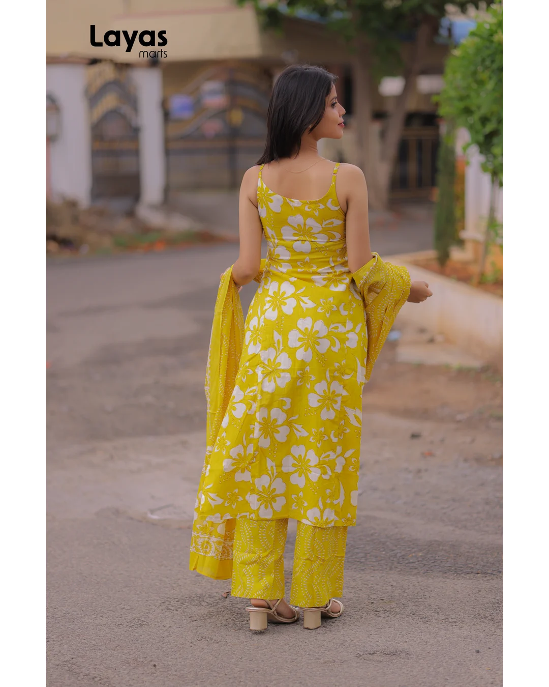 Yellow Cotton Floral Printed Sleeveless Kurta Set with Dupatta