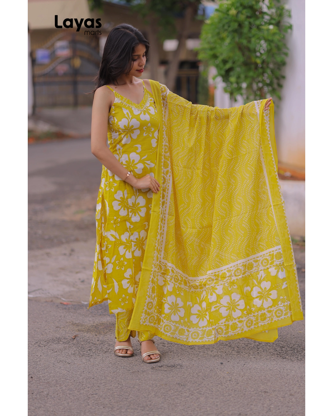 Yellow Cotton Floral Printed Sleeveless Kurta Set with Dupatta